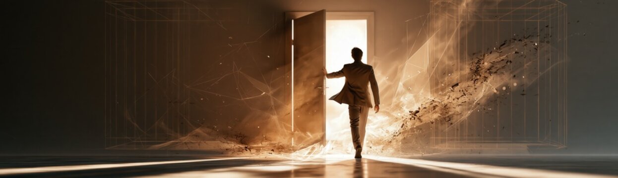 Person walking towards open door finding freedom, escaping confinement and embracing new opportunities