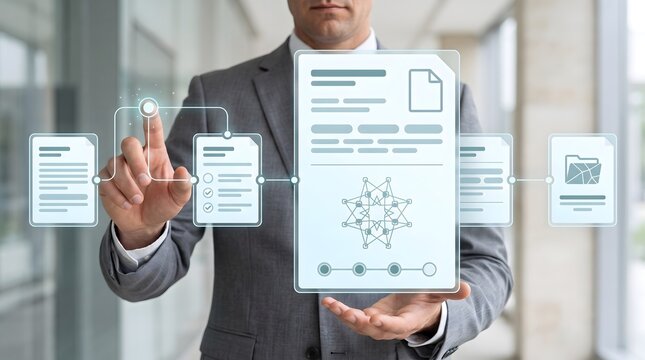 Business process automation workflow showing businessman interacting with digital smart contracts and document nodes