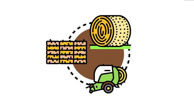 Agricultural industry concept the farming process with an animal feed baler machine gathering and binding dried grass, preparing it for storage in various shapes