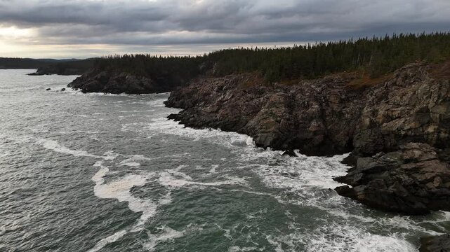 Dramatic aerial view of a rugged rocky coastline, Lubec, Maine