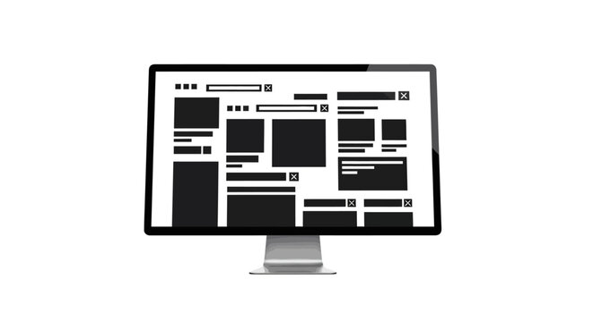 Desktop computer monitor displaying abstract black and white web page wireframe layout with placeholder blocks for digital design with monitor showing schematic