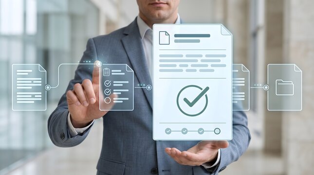 Digital signature approval process featuring businessman touching virtual document with checkmark for secure agreement