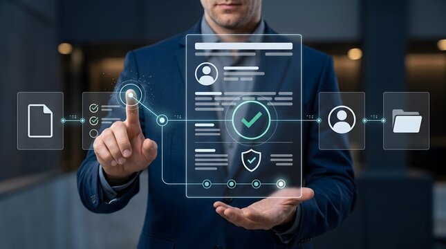 Secure identity verification workflow displaying digital user profile document with privacy shield and approval checkmark