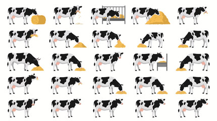 Set of cartoon cows in various poses eating hay and standing on a white background.