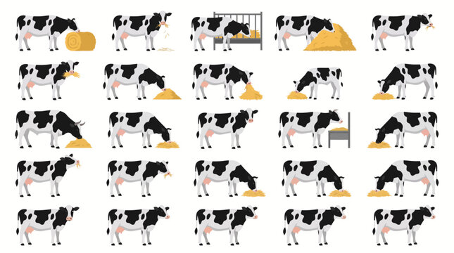 Set of cartoon cows in various poses eating hay and standing on a white background.