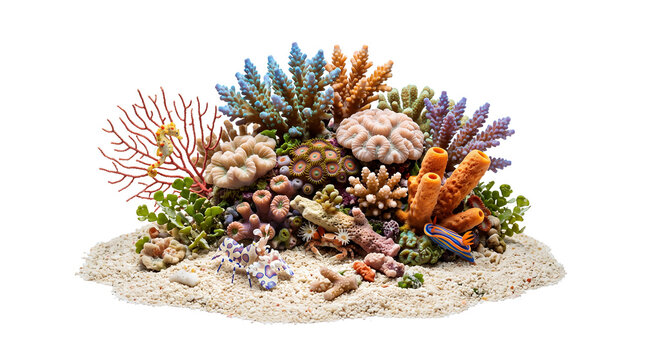 Tropical micro reef ecosystem isolated on a clean white background, compact patch of pale sand surrounded by colorful coral colonies