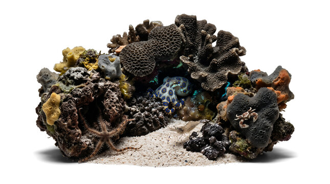 Ultra-realistic miniature nocturnal reef ecosystem represented as a single isolated natural habitat specimen