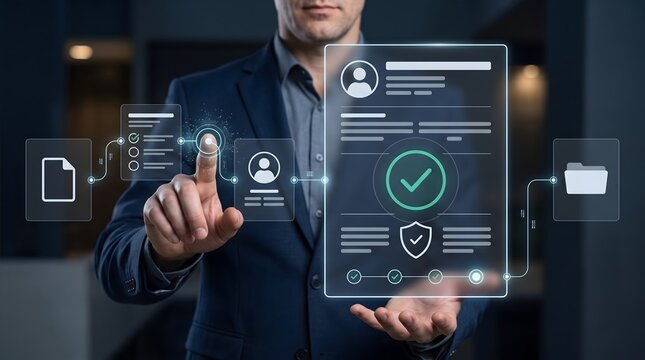 Data protection compliance interface showing businessman interacting with secure profile verification and authorization nodes