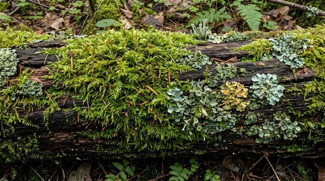 Natural green moss and lichen on a fallen log, forest floor ecosystem with organic textures, macro woodland vegetation