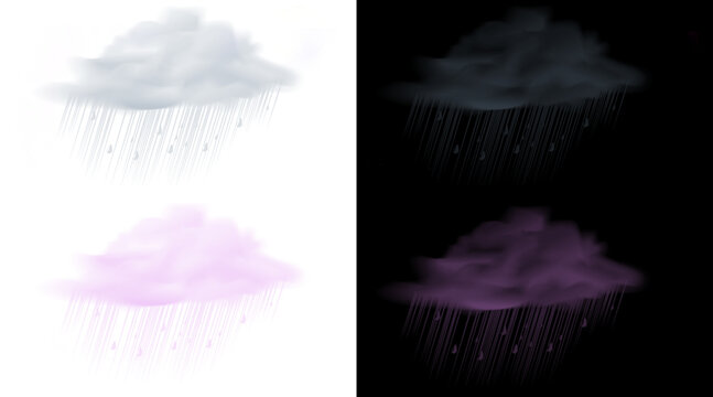 Realistic rain cloud illustration set, fluffy storm clouds with falling raindrops, atmospheric weather icons in white and purple colors