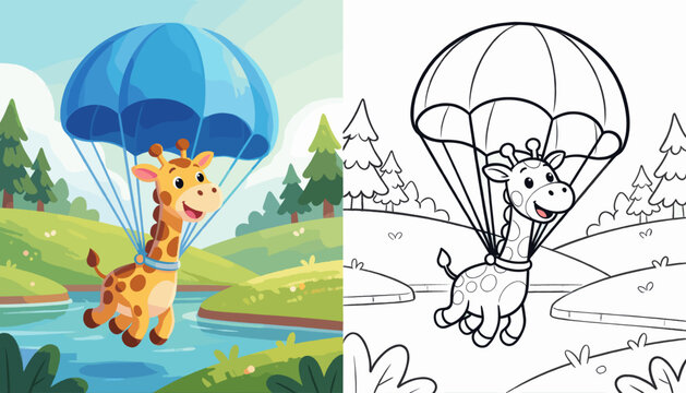 Giraffe Parachuting over Forest Lake with Smiling Expression