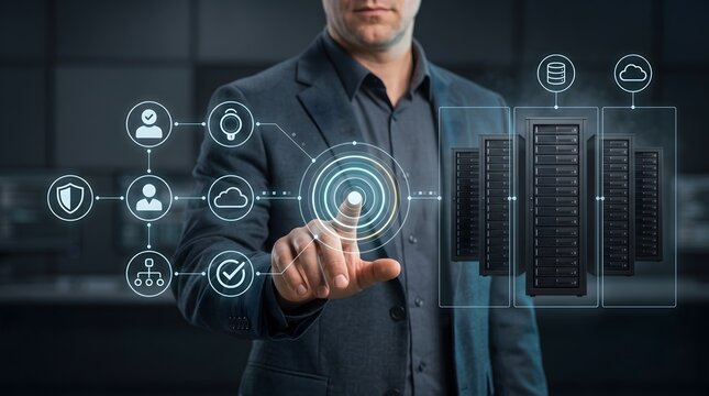 Secure server access control interface with businessman managing user data and enterprise cloud storage infrastructure