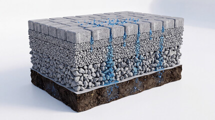 Fototapeta premium Highly realistic educational-style 3D cutaway of a permeable pavement system showing porous pavers, bedding gravel
