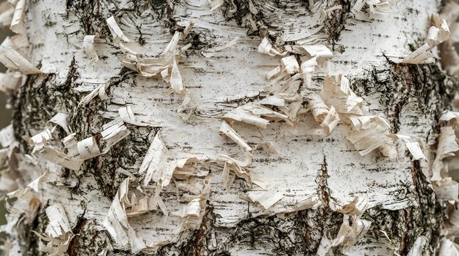 Textured birch tree bark close up, peeling white paper birch trunk surface, natural wood pattern for organic background designs