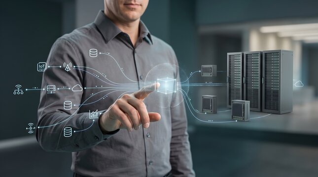 Internet of things network integration concept featuring edge computing servers and centralized data management interface