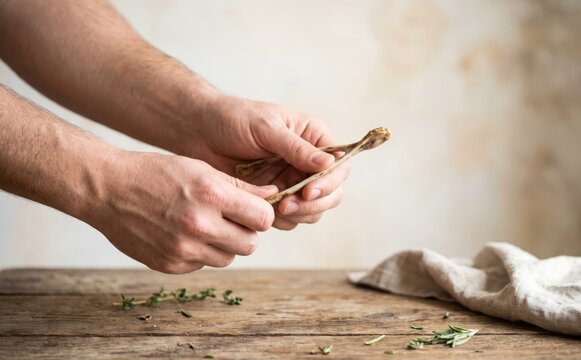 Man breaking a wishbone on a wooden table with herbs for luck and tradition concept close up