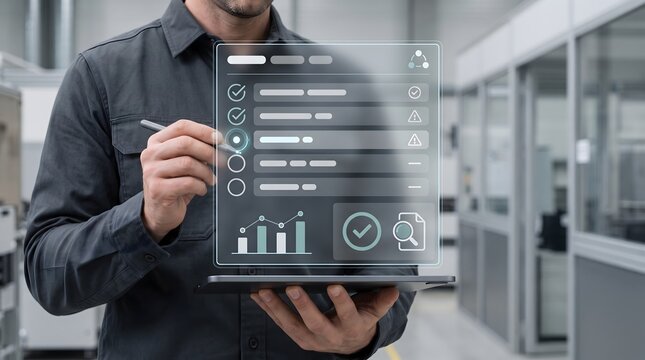 Industrial quality control dashboard showing engineer using digital checklist for smart manufacturing automation