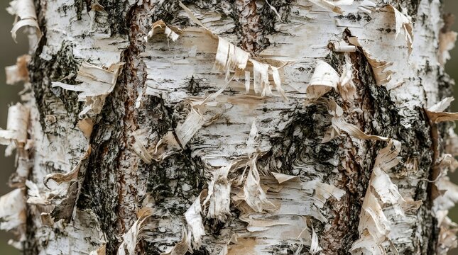Textured birch bark close up, natural white tree trunk surface. Peeling birchwood texture, organic forest background for design.