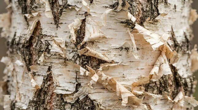 Textured birch bark close up, peeling white tree trunk surface. Natural wood pattern with organic paper-like layers, rustic forest background.