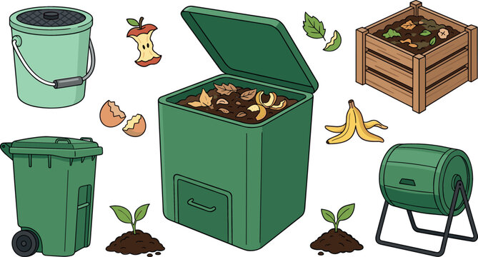Organic waste composting vector set featuring green compost bins wooden box tumbler barrel organic fertilizer scraps and food waste recycling elements