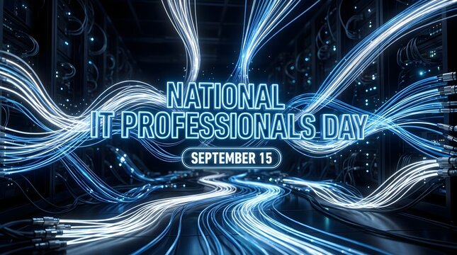 Blue light fiber optic server room background with visible National IT Professionals Day September 15 text, technology celebration concept