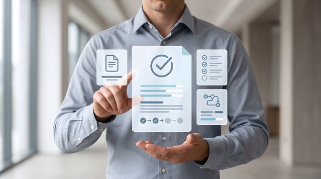 Digital document approval process interface showing corporate manager verifying electronic smart contract with checkmark