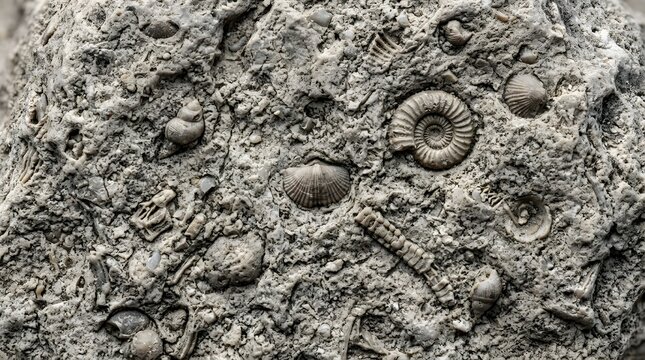 Ancient ammonite fossils embedded in stone, prehistoric seashell fossil remains in gray rock, macro texture of paleontological specimen