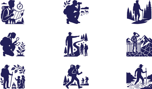Outdoor Adventure and Hiking Silhouette Icon Collection with Camping Wilderness and Explorer Symbols for Graphic Design Projects