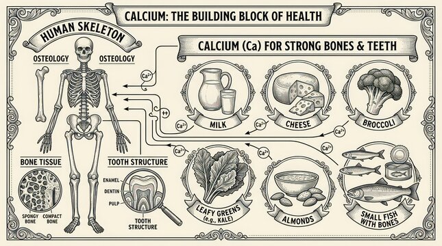 Industrial Style Showing Calcium Sources for Strong Bones and Teeth with Human Skeleton Anatomy