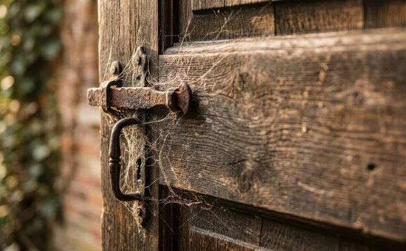 Old weathered wooden door with a rusty latch and cobwebs representing abandonment and mystery
