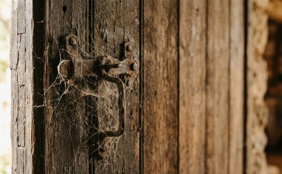 Rustic wooden door with a rusty metal latch covered in spiderwebs representing abandonment