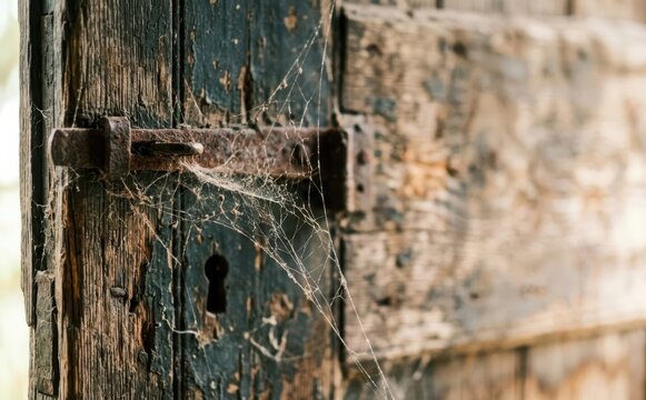 Old weathered wooden door with rusty latch and cobwebs representing abandonment and decay