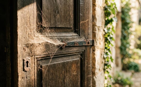 Old rustic wooden door covered in cobwebs with vintage metal hardware in an ancient stone wall