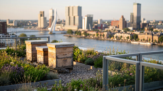 Wooden beehives in a rooftop garden overlooking a modern city skyline and river at sunset