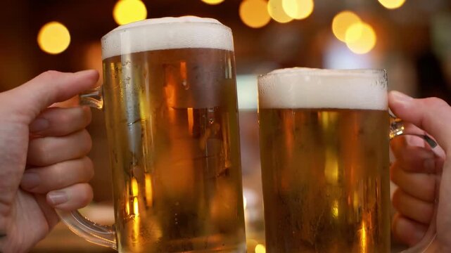 Close-up video angle of two beer mugs clinking, with warm bokeh lights in the background.