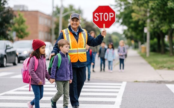 Elderly female crossing guard helping diverse children cross street safely with stop sign representing school safety and community help