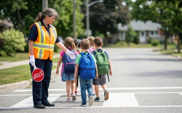 School crossing guard woman helping children cross street with stop sign for safe commute