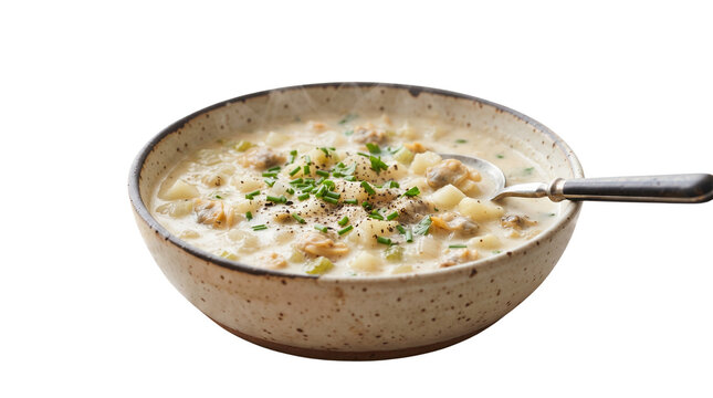 Creamy clam chowder in rustic ceramic bowl, hearty seafood soup with potatoes and herbs, traditional New England style chowder on white background