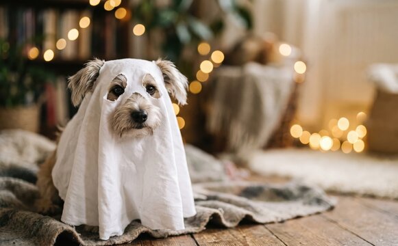 Cute small dog wearing a funny homemade ghost costume with eye holes for Halloween celebration and trick or treat party