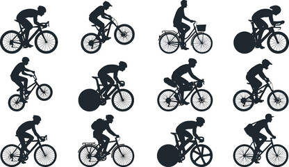 Fototapeta premium Cyclist Silhouette Vector Set with Bicycle Riders in Racing, Mountain Biking, City Commuting, BMX Stunts, and Triathlon Sport Action Poses