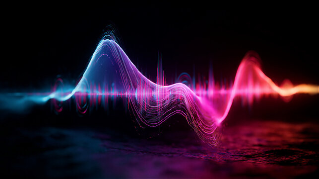 Vibrant 3D audio waveform visualization with electric blue to hot pink gradient, holographic glass textures, and cinematic neon lighting on deep dark background, ideal for AI tech website banners