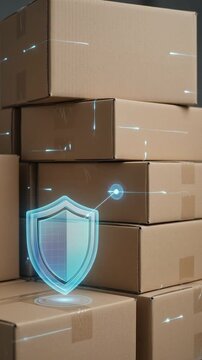 Cardboard Box Warehouse Logistics Artificial Intelligence Supply Chain Planning, Secure Distribution, Glowing Network Shield, Organized Storage, Digital Inventory Management, Efficient Package
