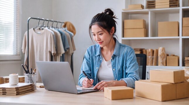 Young Asian female online seller working on laptop and writing orders among cardboard boxes at home