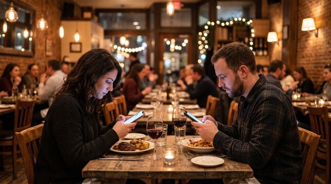 Couple at a romantic restaurant ignoring each other while looking at their smartphones