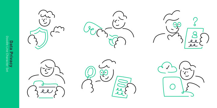 Data privacy and cyber security concepts. Doodle line characters holding protection shield, key unlock, personal ID document, folder, and laptop.