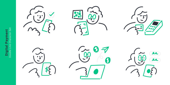 Digital payment and cashless transaction concepts. Doodle line characters scanning qr code, paying with credit card terminal, using mobile banking, and online transfer.