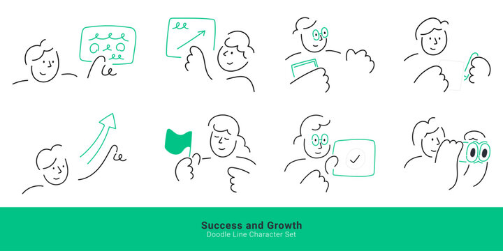 Business success and career growth concepts. Doodle line characters pointing at growth graph, holding flag, looking through binoculars, and checkmark.