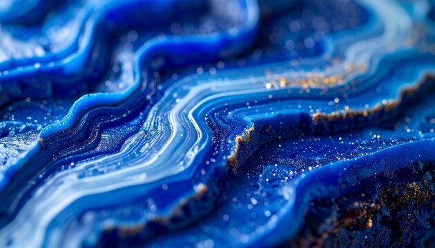Stunning close-up view of polished blue agate gemstone with intricate white and gold layers