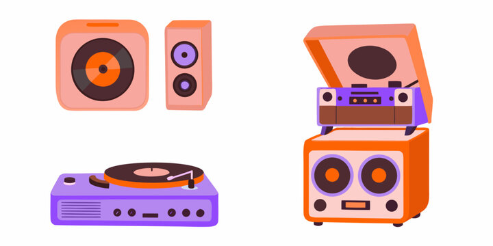 Vintage record players and speakers colorful vector illustration