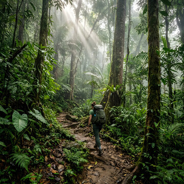 Misty tropical forest with tall trees and ferns